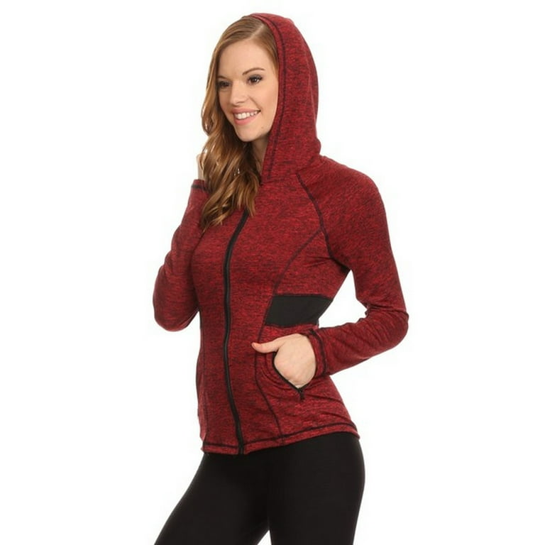 Women's Activewear Zip Up Workout Jacket w Hoodie, Wine Red, Small