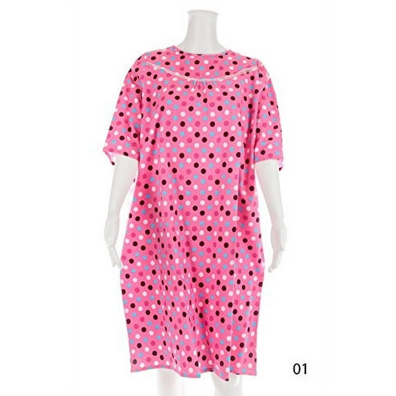 Women's Adaptive Flannel Backwrap Gown (Small, Colorful Polka Dots with Pink Background - 01)