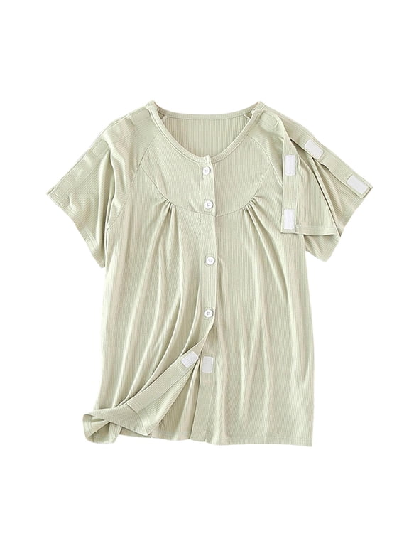 Women's Adaptive Top Button Front Tee with Shoulder Hook and Loop Soft Ribbed Knit Casual Shirt