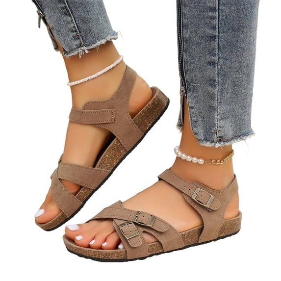 Women's Adjustable Buckle Sandals, Cork Footbed Women's Summer Sandals, Open Toe Casual Walking Sandals, Women's Buckle Strap Sandals Cork Footbed Open Toe Adjustable Casual Summer Shoes, Khaki 7