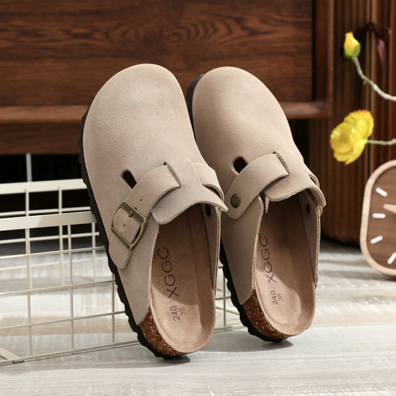 Women's Adjustable Buckle Strap Flat Mules Retro Closed Toe Anti-skid Cork Clogs Casual Slides Shoes For Men