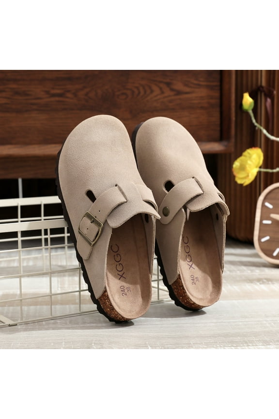 Women's Adjustable Buckle Strap Flat Mules Retro Closed Toe Anti-skid Cork Clogs Casual Slides Shoes For Men