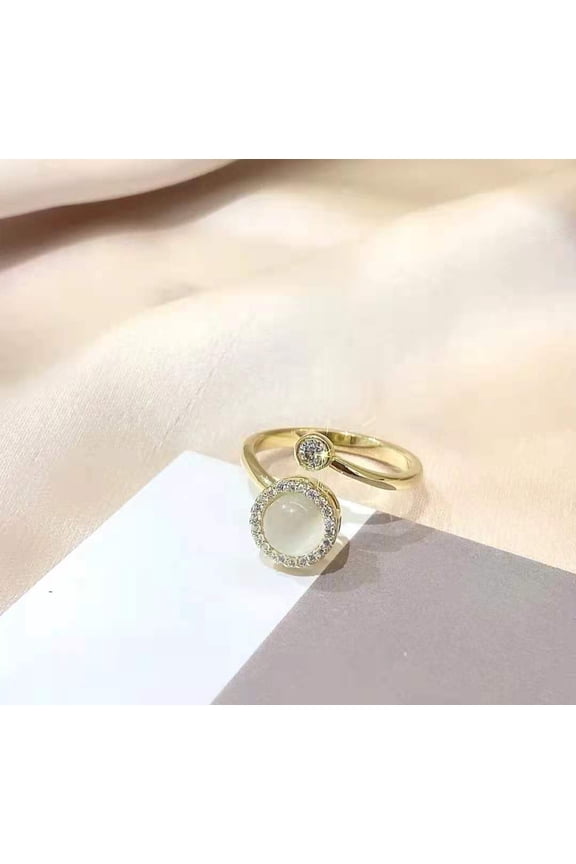 Womens Adjustable Ring with Cat's Eye Moonstone Rotatable Copper Band and Little Golden Ball Korean Fashion Ring Elegant Jewelry