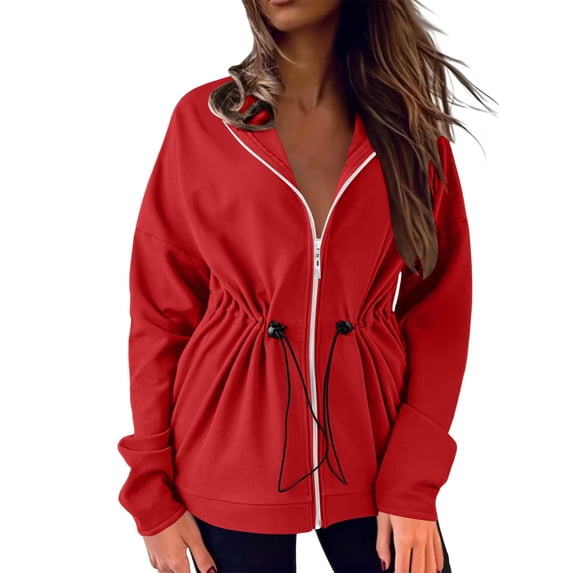 Women's Adjustable Cinch Drawstring Waist Full Zip Drop Shoulder Hoodie Solid Pocket Casual Sweat Jacket for Daily Lounge Travel