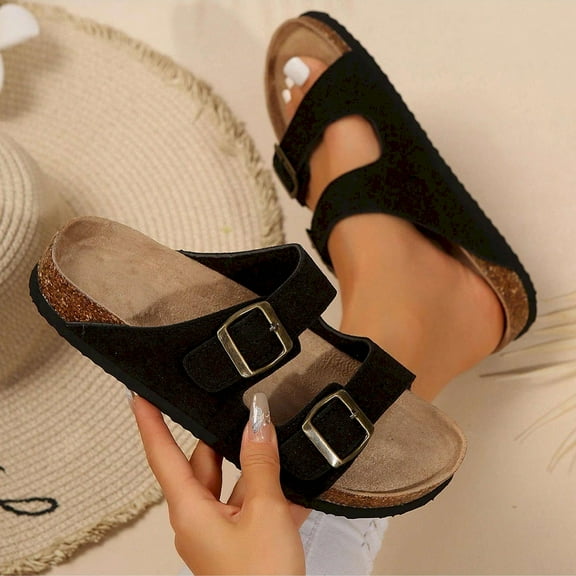 Women's Adjustable Comfort Strap Slip-On Sandals with Cork Footbed, Slide Buckle Design