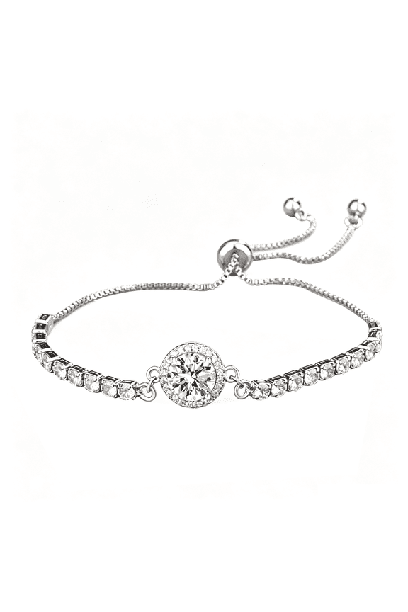 Adjustable CZ Bolo Bracelet for Women, Silver Tone Copper Tennis Bracelet