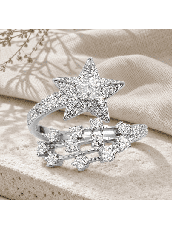 Adjustable CZ Star Ring for Women, Silver Tone Copper Open Band Ring