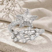 Adjustable CZ Star Ring for Women, Silver Tone Copper Open Band Ring