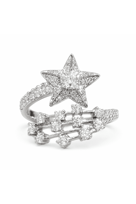 Adjustable CZ Star Ring for Women, Silver Tone Copper Open Band Ring