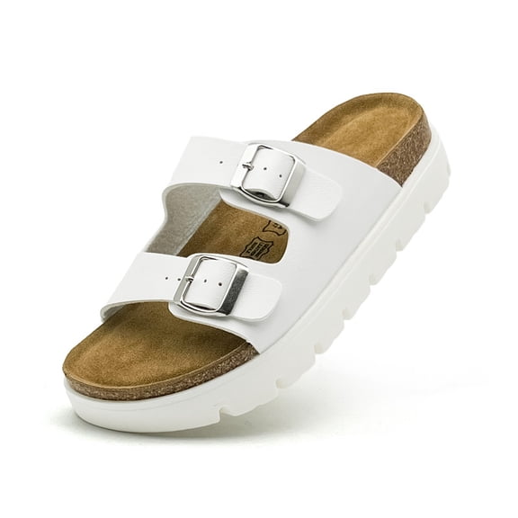 Women's Adjustable Double Buckle Strap Sandals Thick-Sole Comfortable Slip On Summer Flat Beach Leather Slides Lightweight Holiday Outdoor White