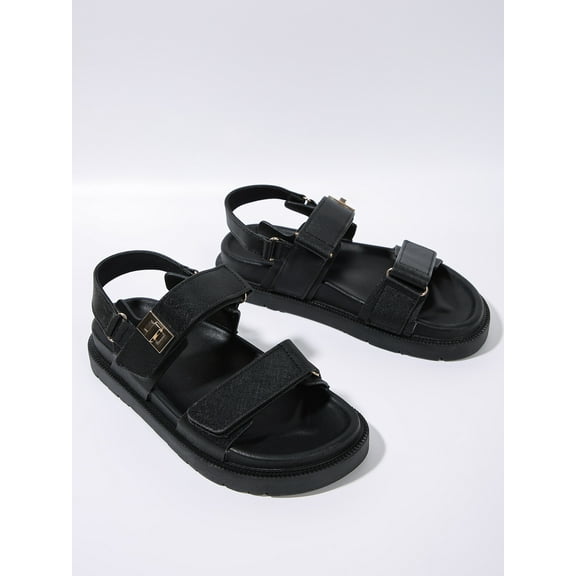 Women's Adjustable Double-Strap Platform Sandals with Metal Accents - Comfortable & Stylish Summer Footwear for Casual Daily Wear, Boasting Cushioned Insole, Durable Outsole, and Available in Black,