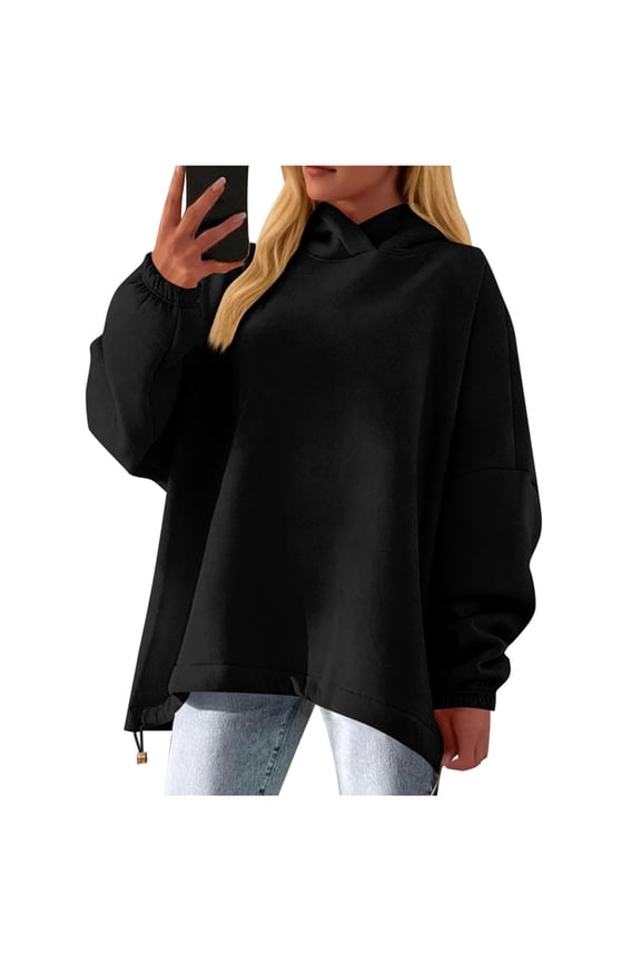 Women's Adjustable Drawstring Hem Hooded Sweatshirt Pullover Hoodie Fleece Loose Fit Warm Casual Streetwear Fall Winter Fashion Gift | CSEONE,Black XL