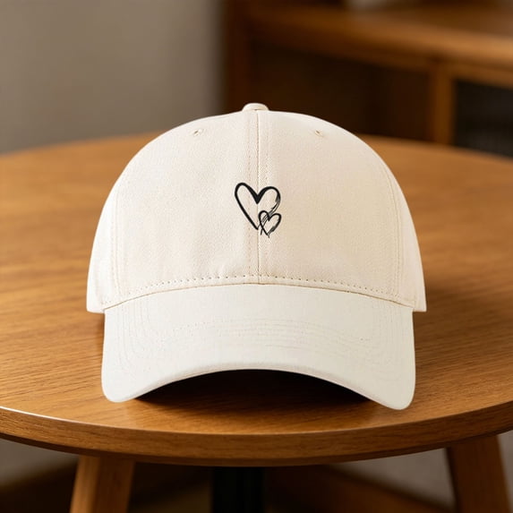 Women's Adjustable Heart Print Baseball Cap, Breathable Lightweight Dad Hat with Ponytail Opening, Summer Sun Protection Trucker Cap for Outdoor Daily Casual Wear Beige