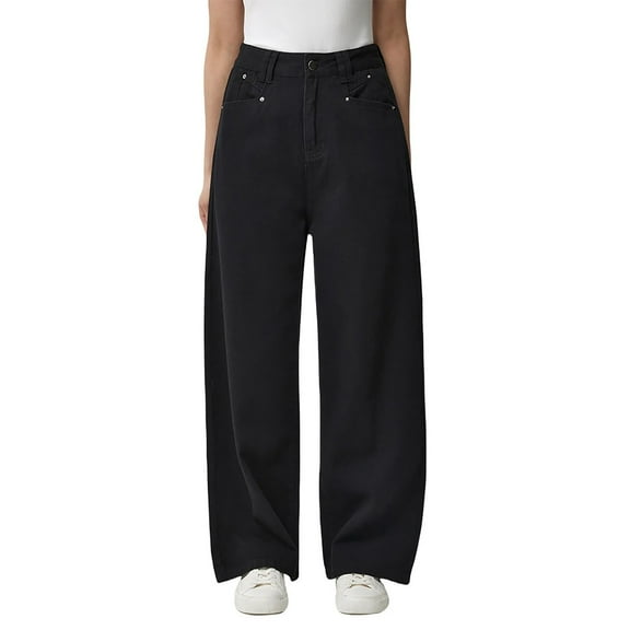 Women's Adjustable High Waisted Loose Jeans with Button Waistband Wide Straight Leg Jeans Denim Pants Trousers