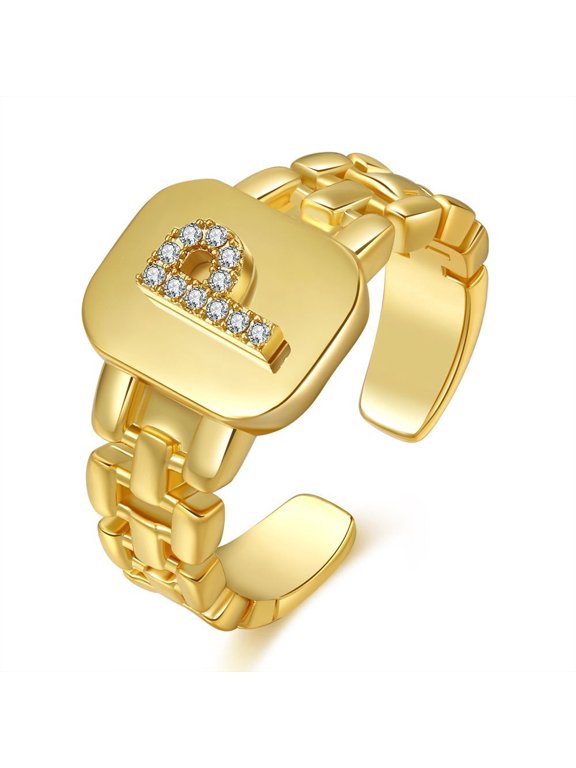 Women's Adjustable Initial Ring Gold Plated Copper Open Ring With Letter And Zirconia Accent Fashion Jewelry Accessory