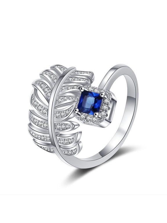 Women's Adjustable Open Feather Ring, Square Blue Sapphire Halo Cubic Zirconia Statement Ring, Silver Plated Luxury Angel Wing Cocktail Jewelry Gift for Her