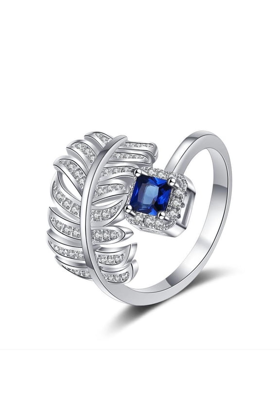 Women's Adjustable Open Feather Ring, Square Blue Sapphire Halo Cubic Zirconia Statement Ring, Silver Plated Luxury Angel Wing Cocktail Jewelry Gift for Her