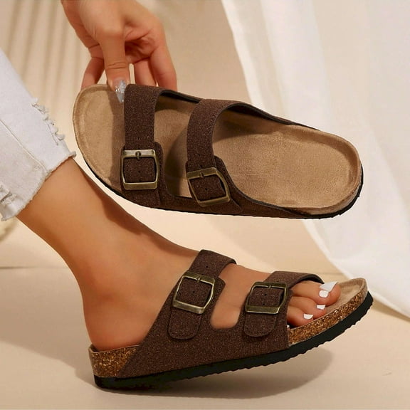 Women's Adjustable Slide Sandals with Cork Footbed, Slip-On Design, and Buckle Straps for Extra Comfort.