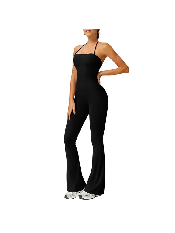 Women's Adjustable Spaghetti Strap Romper Halter Neck Tummy Control Bodycon Flare Leg Jumpsuit Black S