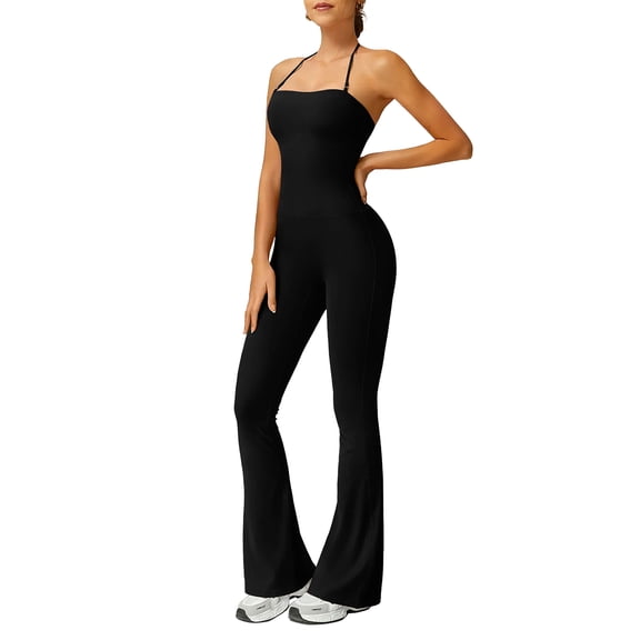Women's Adjustable Spaghetti Strap Romper Halter Neck Tummy Control Bodycon Flare Leg Jumpsuit Black XL
