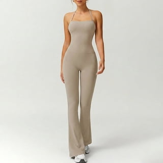 Women's Adjustable Spaghetti Strap Romper Scoop Neck Tummy Control Bodycon Flare Leg Jumpsuit Light Khaki L