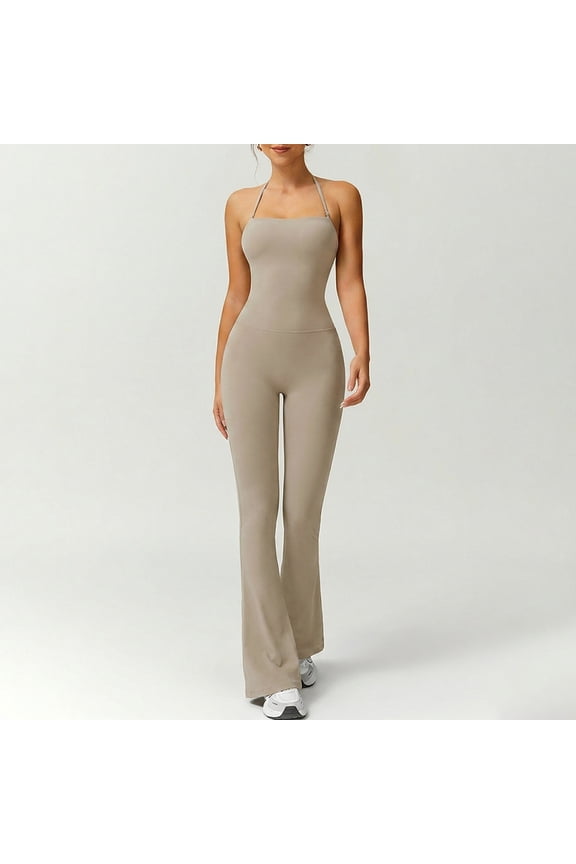 Women's Adjustable Spaghetti Strap Romper Scoop Neck Tummy Control Bodycon Flare Leg Jumpsuit Light Khaki L