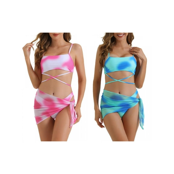 Women's Adjustable Spaghetti Straps Strappy Bikini Swimsuits, 3 Pieces Triangle Bottoms with Mesh Skirt Bathing Suit 2 Sets Large Blue, Rose Red