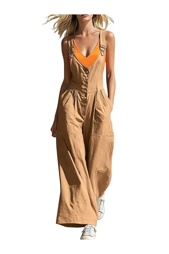 Women's Adjustable Strap Overalls Button Front V Neck Wide Leg Jumpsuit with Pockets Camel Color L