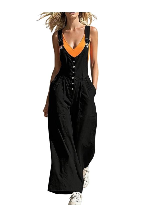 Women's Adjustable Strap Overalls Button Front V Neck Wide Leg Jumpsuit with Pockets