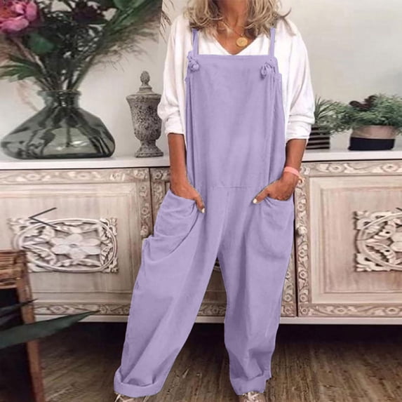 Women's Adjustable Strap Overalls Sleeveless Loose Fit Wide Leg Jumpsuits Comfy Casual Rompers with Pockets Light Purple 2XL