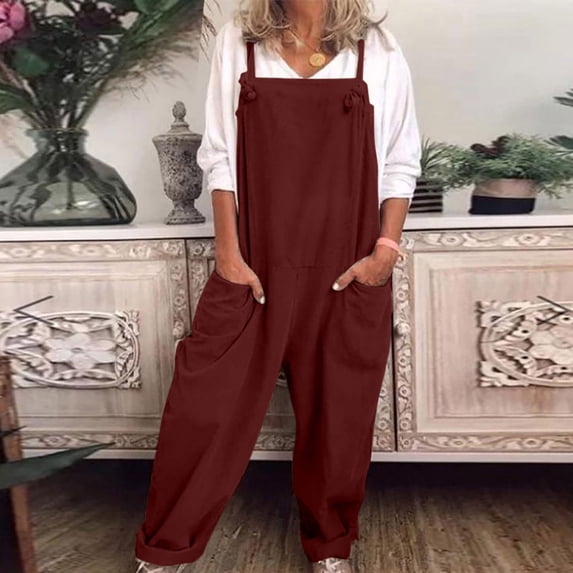 Women's Adjustable Strap Overalls Sleeveless Loose Fit Wide Leg Jumpsuits Comfy Casual Rompers with Pockets Wine Red S