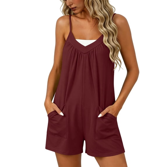 Women's Adjustable Strap Rompers - Boho Ruched V Neck Loose Sleeveless One Piece Shorts Jumpsuit with Pockets