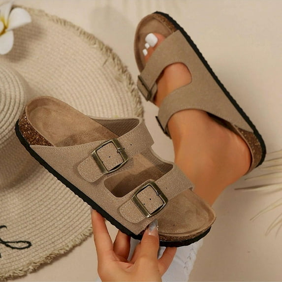 Women's Adjustable Strap Slip-On Sandals with Cork Footbed - Stylish & Comfortable for Daily or Casual Wear