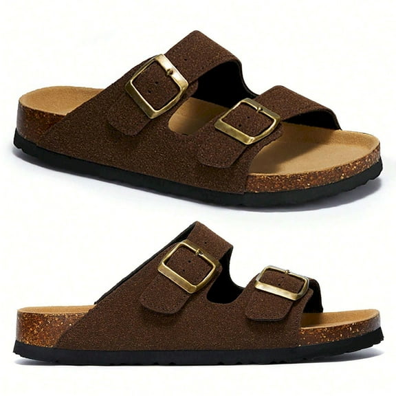 Women's Adjustable Strap Slip-On Sandals with Cork Footbed for Comfort - Breathable Leather Upper