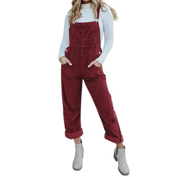 Women's Adjustable Straps Loose Bib Corduroy Jumpsuit Casual Jumpsuit with Pockets