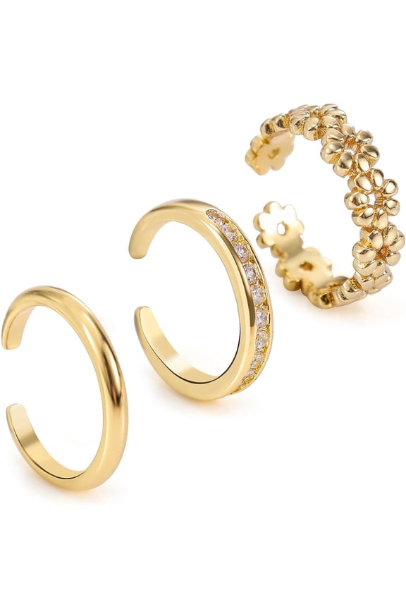 Women's Adjustable Toe Rings Open Band Ring Set Floral Minimalist Styles 3 Pack