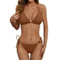 thumbnail image 1 of Women's Adjustable Triangle Bikini Set Ribbed Halter Neck Swimsuit with Tie Side Bottoms, Pink Swimwear for Beach Deep Light Brown S, 1 of 5