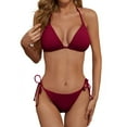 thumbnail image 1 of Women's Adjustable Triangle Bikini Set Ribbed Halter Neck Swimsuit with Tie Side Bottoms, Pink Swimwear for Beach Deep Red 2XL, 1 of 4