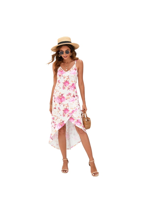Women's Adjustable V Neck Wrap Dress With Irregular Hemline Sleeveless Spaghetti Strap Midi Dress