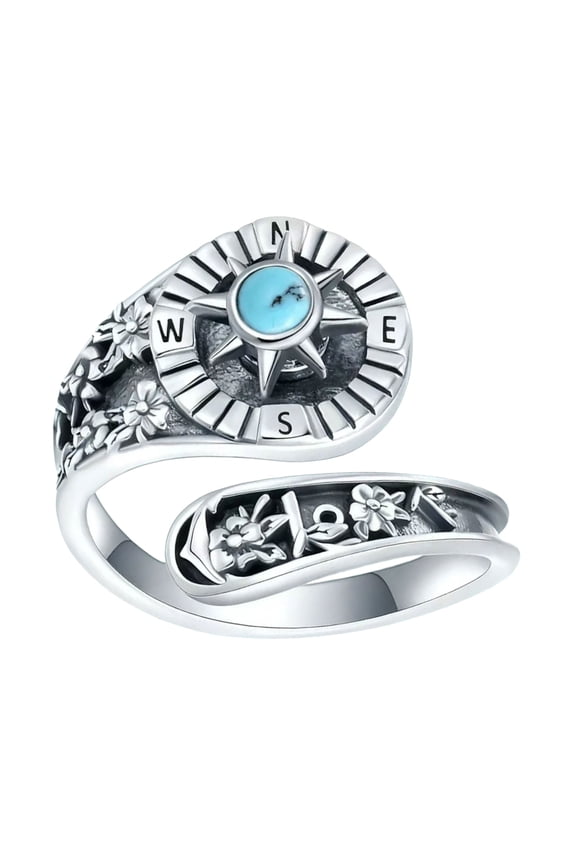 Women's Adjustable Vintage Rings with Compasses Theme Natural Turquoise Accent Symbolic Jewelry for Her Birthday
