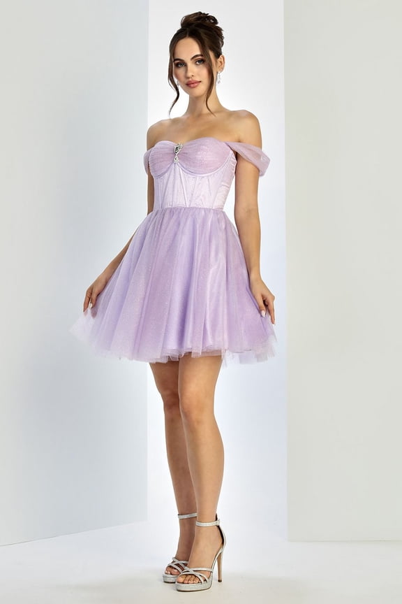 Women's Adora Design 1060 Short Glitter Off Shoulder A-line Prom 2026 Dress Lilac Lavender Size 2XL