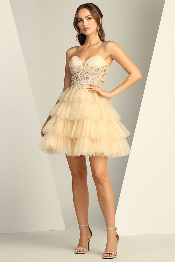 Women's Adora Design 1062 Strapless Short Glitter Tulle Homecoming Party Dress Champagne Goldish Beige Size XS