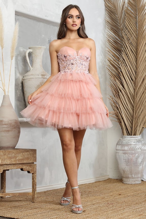 Women's Adora Design 1062 Strapless Short Glitter Tulle Homecoming Party Dress Rose Pink Size 2XL