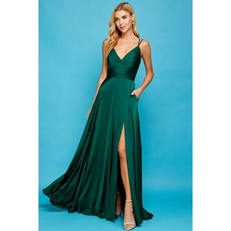 Women's Adora Design 3013 A-line Spaghetti Strap Slit Pocket Prom 2026 Gown Emerald Green Size 3XL