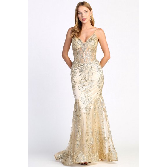 Women's Adora Design 3053n Glitter Applique Mermaid Long Formal Gown Champagne Goldish Beige Size XS