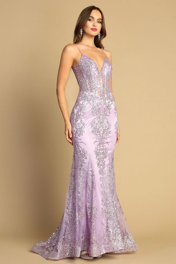Women's Adora Design 3053n Glitter Applique Mermaid Long Formal Gown Lavender Size XL