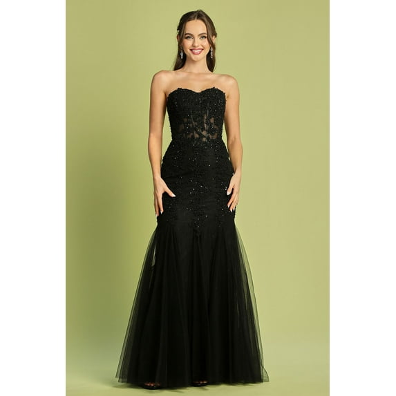 Women's Adora Design 3108 Strapless Mermaid Glitter Lace Applique Prom 2026 Dress Black Size 3XL
