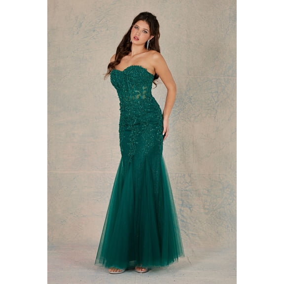 Women's Adora Design 3108 Strapless Mermaid Glitter Lace Applique Prom 2026 Dress Emerald Green Size 3XL