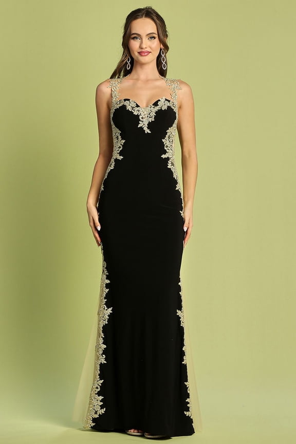 Women's Adora Design 3115 Sleeveless Applique Mermaid Long Formal Gown Black And Gold Size M Black/gold