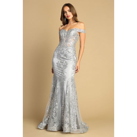 Women's Adora Design 3123 Off Shoulder Glitter Mermaid Formal Prom 2026 Gown Silver Size XL